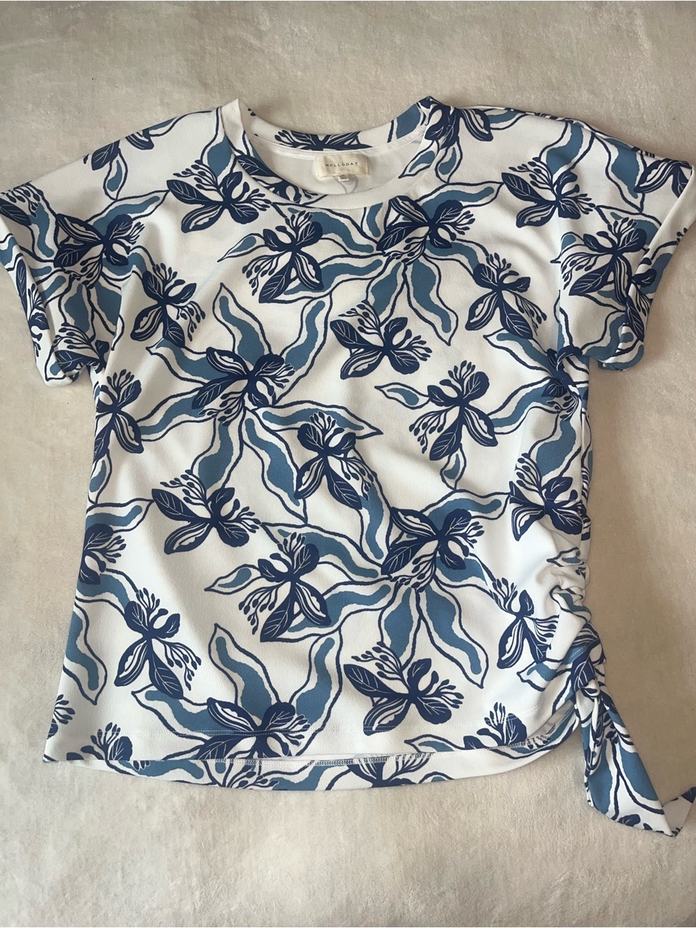 Melloday Womens Short Sleeve Blouse White with Blue Floral Side Tie Sz Medium
